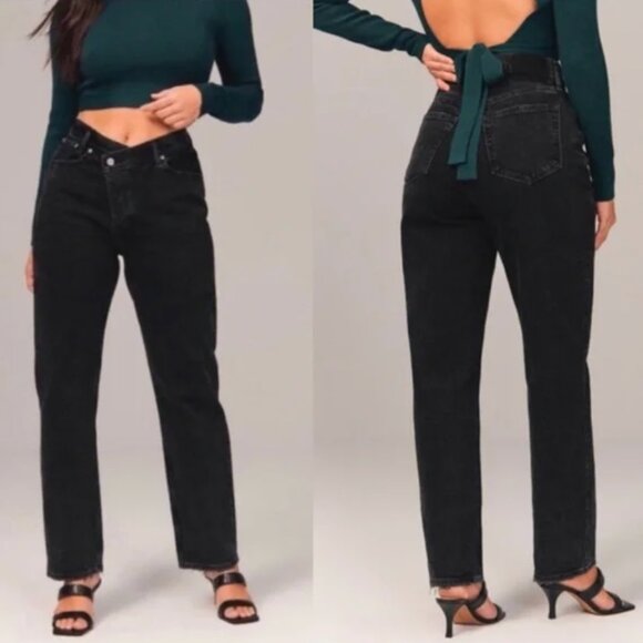 Abercrombie & Fitch Curve Love High Rise Dad Criss Cross Jeans in Black Size 29 - Picture 3 of 10